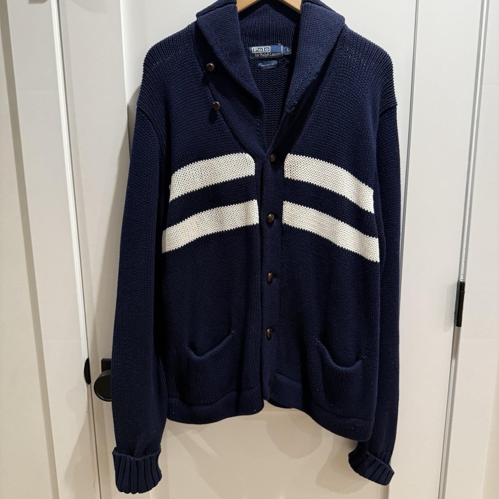 Vintage 90's Polo Ralph Lauren  Knit Nautical Fisherman Cardigan Navy Stripe LG